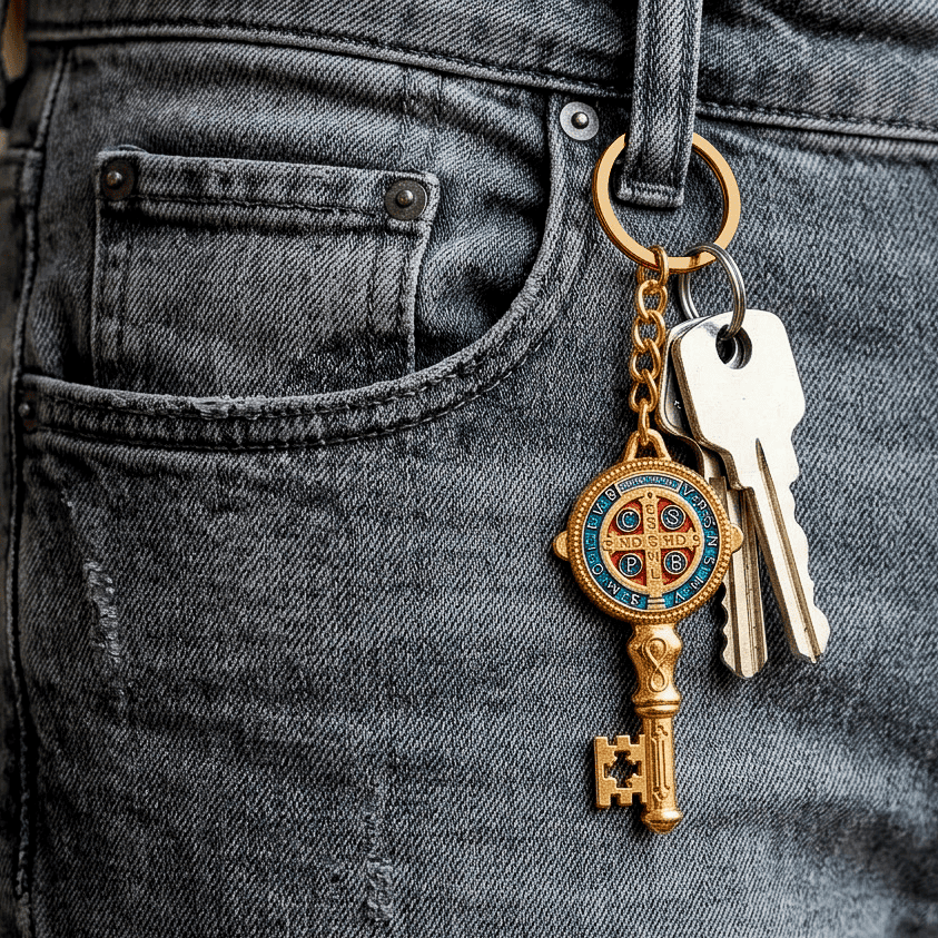 Chaveiro de São Bento no bolso jeans