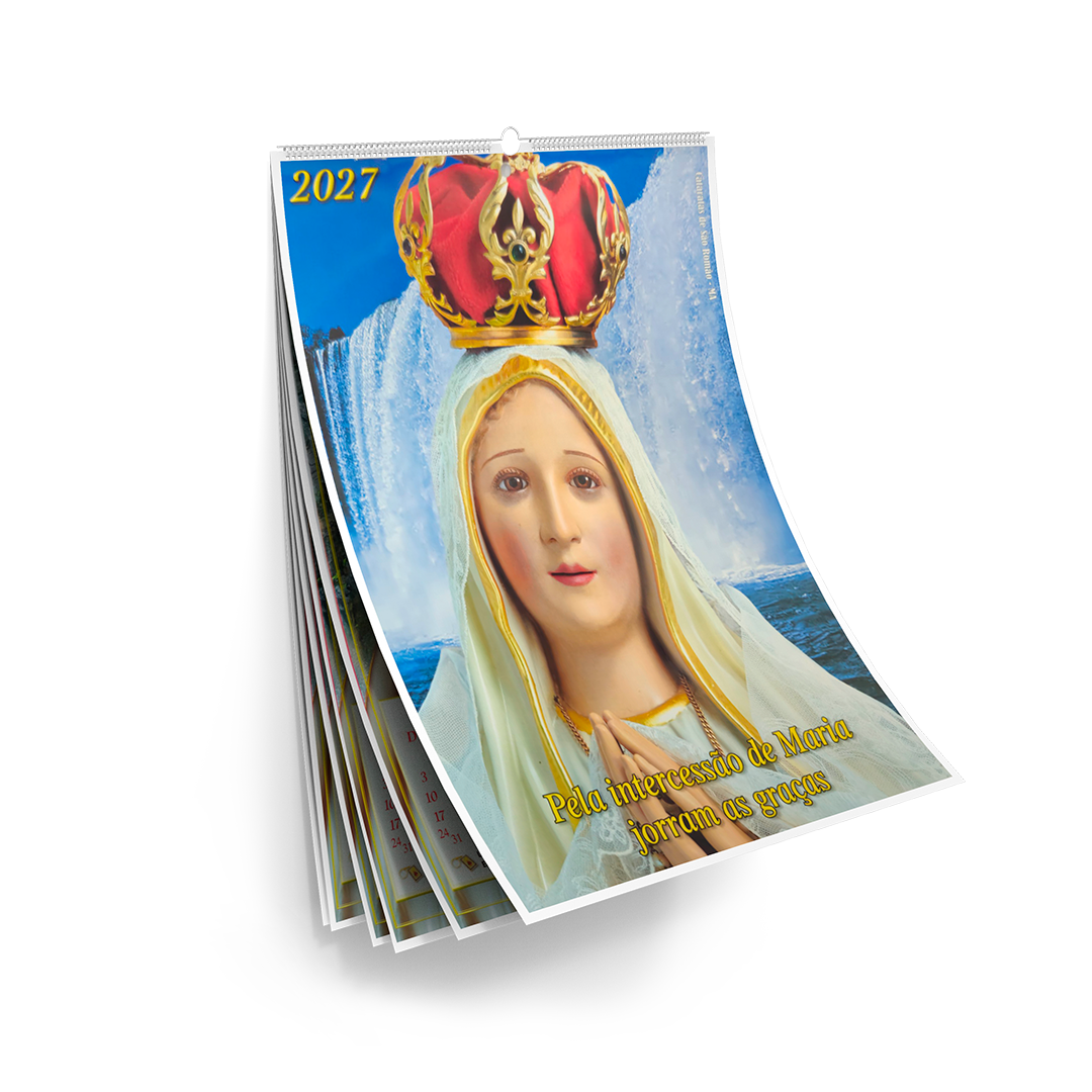 Calendário 2027 de Nossa Senhora de Fátima pendurado na parede